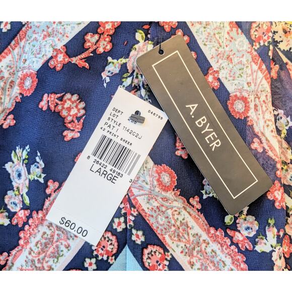 New A Byer Shift Dress Sz Large Midi Sleeveless Flowy Floral Boho Chevron Stripe - Picture 9 of 12